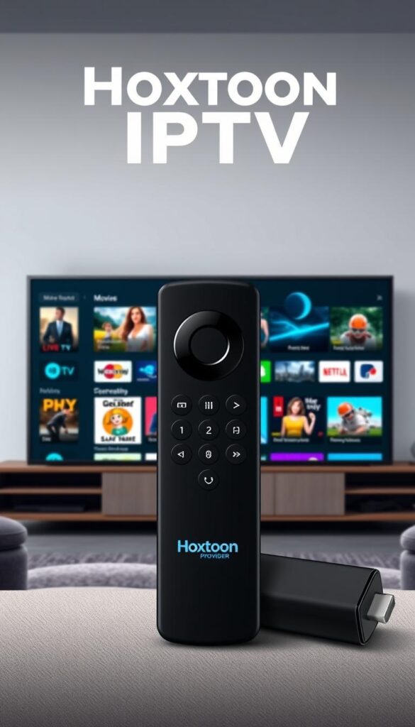 A high-quality, detailed illustration of the Hoxtoon Provider IPTV app interface, showcased on a Firestick device. The scene depicts the app's user-friendly dashboard, highlighting its intuitive navigation, wide content selection, and seamless streaming capabilities. The foreground features the Hoxtoon Provider branding prominently displayed, with the Firestick remote in the center, conveying the app's accessibility and convenience. The middle ground showcases various content categories, including live TV, movies, and sports, all rendered in a vibrant, eye-catching manner. The background subtly suggests a modern, minimalist living room setting, with subtle lighting and shadows, creating a sense of immersion and professionalism. The overall composition and attention to detail aim to capture the Hoxtoon Provider's stand-out features and position it as a top choice for IPTV on the Firestick platform.