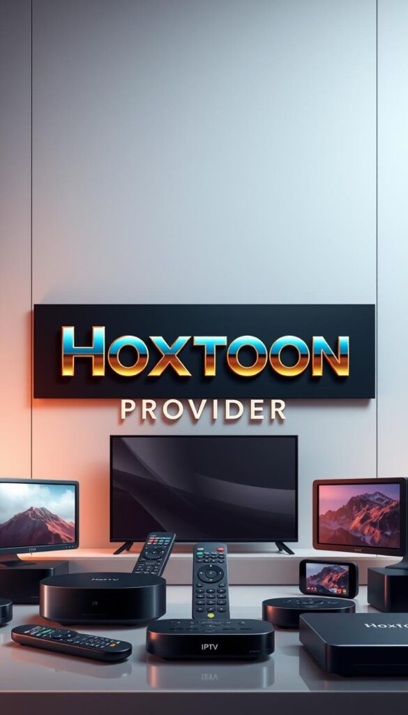 A high-quality, detailed illustration of the "Hoxtoon Provider" IPTV service. Set against a modern, minimalist background, the Hoxtoon logo takes center stage, rendered in sleek, metallic lettering. The foreground features an array of streaming devices, remote controls, and media icons, conveying the comprehensive nature of the service. Soft, directional lighting highlights the premium, sophisticated look and feel. The overall composition exudes a sense of reliability, innovation, and technological superiority, befitting the premier IPTV provider in the USA.