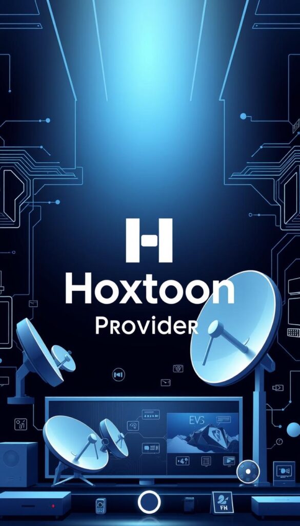 A high-quality, detailed illustration of the "Hoxtoon Provider" brand, showcasing its premium IPTV services. The image should feature a sleek, modern technology-themed backdrop, with the Hoxtoon logo prominently displayed in the center. The foreground should include various IPTV-related icons and graphics, such as satellite dishes, TV screens, and streaming symbols, all rendered in a clean, stylized manner. The lighting should be soft and balanced, creating a professional, authoritative atmosphere. The overall composition should convey a sense of reliability, performance, and cutting-edge technology associated with the Hoxtoon IPTV brand.