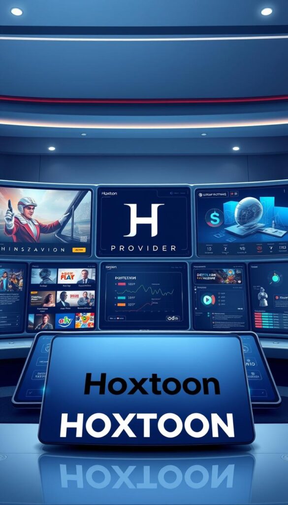 A high-quality, detailed illustration of the "Hoxtoon Provider" brand, showcasing their premium IPTV services. The image should depict a sophisticated, futuristic control panel or dashboard, with sleek interfaces, 8K resolution displays, and advanced analytics. The foreground should feature the Hoxtoon logo prominently, while the middle ground showcases various streaming content options and channel lineups. The background should convey a sense of technological innovation, with a minimalist, clean design aesthetic and subtle nods to the latest advancements in IPTV technology. The overall mood should be one of professionalism, reliability, and cutting-edge innovation, reflecting Hoxtoon's position as a leading premium IPTV provider in America.