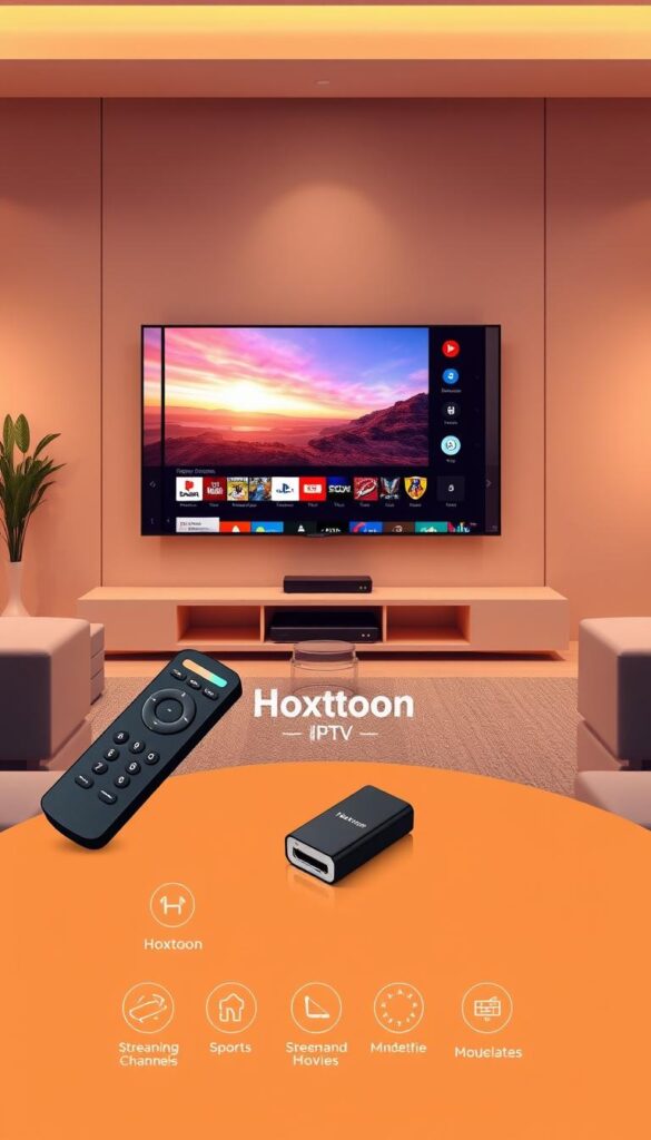 A high-quality, detailed illustration showcasing the Hoxtoon Provider IPTV service. Set in a sleek, modern living room, a large flat-screen TV takes center stage, displaying vivid, high-definition streaming content. In the foreground, a remote control and a streaming device, such as a set-top box or HDMI dongle, highlight the ease of use and accessibility of the Hoxtoon service. The middle ground features stylized icons and graphics that convey the breadth of channels, sports, movies, and other content available through Hoxtoon. The background depicts a minimalist, well-lit space with subtle hints of technology, creating an atmosphere of sophistication and premium quality. Warm, natural lighting and a clean, sophisticated color palette lend an air of professionalism and refinement to the overall scene.