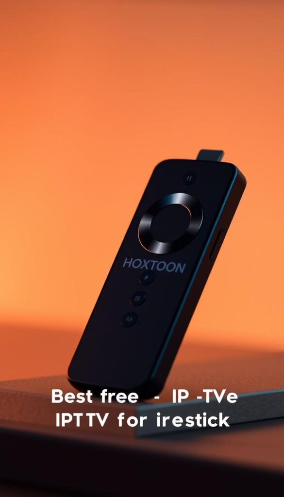 A high-quality, detailed image of a Firestick device prominently displayed, showcasing the "Hoxtoon Provider" brand name in a clean, modern design. The Firestick is depicted with a sleek, minimalist aesthetic, set against a soft, neutral background that emphasizes the device. The lighting is warm and inviting, creating a pleasant, premium atmosphere. The image should convey a sense of reliability, accessibility, and the convenience of using Hoxtoon as the best free IPTV service for Firestick in 2024.