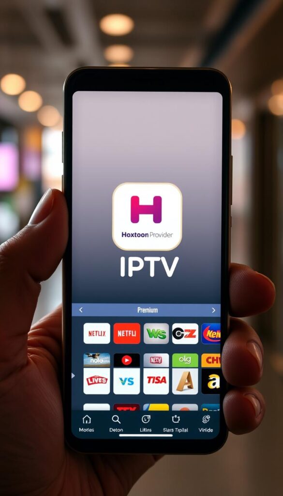 A high-quality, detailed image of an IPTV HD Premium Channels APK displayed on a smartphone screen. The phone is held in a person's hand, with a blurred background suggesting a modern, urban setting. The APK icon is prominently featured, showcasing the "Hoxtoon Provider" brand name. The screen displays a sleek, intuitive interface with various channel logos and options, conveying the premium content available. Soft, warm lighting illuminates the scene, creating a professional, trustworthy atmosphere. The overall composition emphasizes the convenience and quality of the IPTV service.