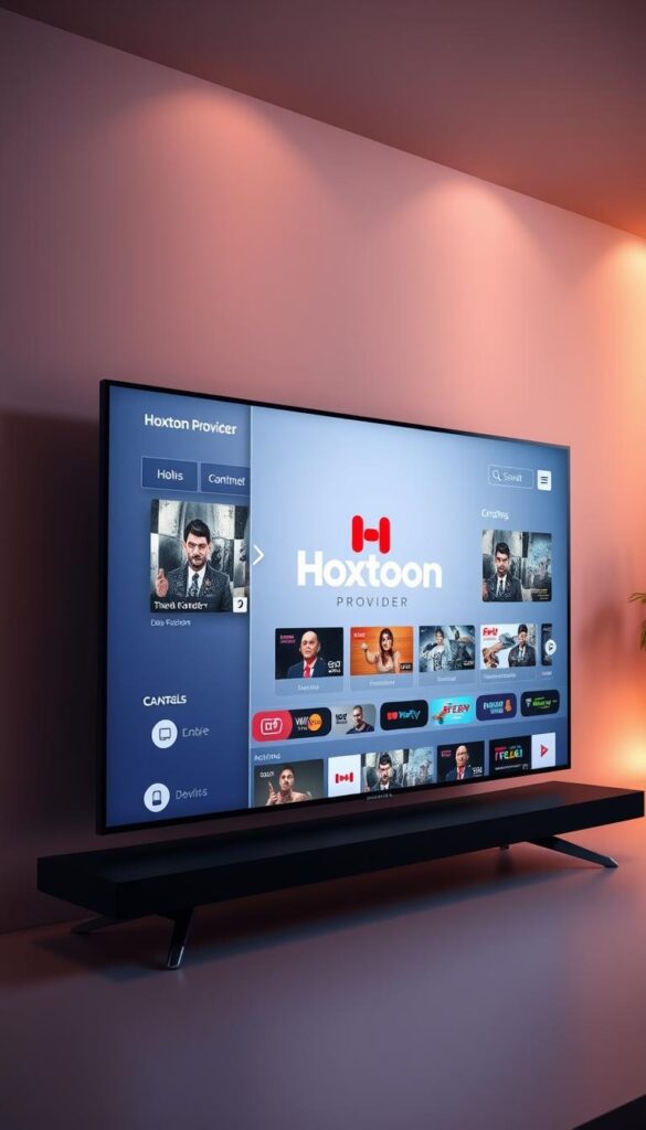 A high-quality, detailed image of an IPTV subscription service, showcasing the Hoxtoon Provider brand. The image should depict a modern, sleek user interface displayed on a large, high-resolution screen, with a clean, minimalist design. The screen should prominently feature the Hoxtoon Provider logo, along with various content categories, channel listings, and video playback controls. The background should be a minimalist, gradient-based design, creating a sense of depth and emphasizing the focus on the screen and user interface. The lighting should be soft and directional, creating a warm, inviting atmosphere. The overall composition should convey a sense of technical sophistication, reliability, and user-friendliness, reflecting the high-quality streaming experience offered by the Hoxtoon Provider IPTV service.