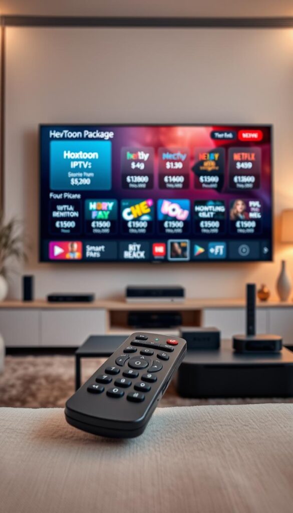A high-quality, detailed image of premium IPTV deals offered by the Hoxtoon Provider. The scene depicts a modern living room with a large, high-definition TV screen prominently displaying various IPTV package options and pricing details. The foreground features a sleek, minimalist remote control, symbolizing the ease of accessing Hoxtoon's extensive content library. The middle ground showcases various streaming devices, such as a smart TV and a streaming box, highlighting the compatibility of Hoxtoon's service. The background features subtle, elegant decor elements that convey a sense of sophistication and premium quality. The lighting is warm and inviting, creating a cozy and immersive atmosphere. The overall composition and attention to detail reflect the high-end, reliable nature of the Hoxtoon IPTV service.