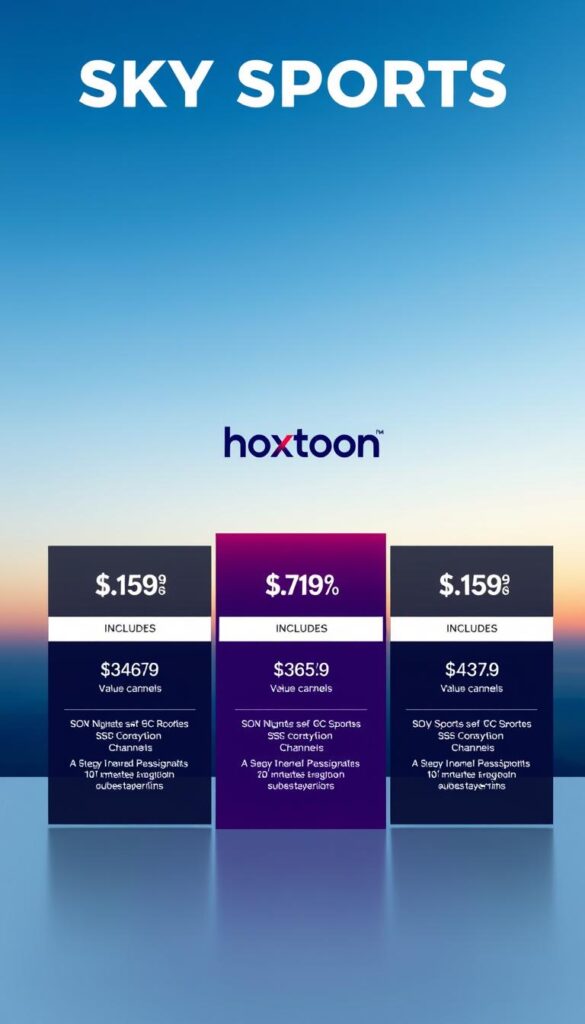 A high-quality, detailed image of "sky sports iptv subscription plans" depicting the Hoxtoon Provider's value pricing and subscription offerings for access to Sky Sports channels. The image shows a sleek, minimalist design with a gradient background transitioning from a deep blue sky to a lighter horizon. In the foreground, a series of transparent panels showcase the different Hoxtoon subscription tiers, each with a clear price point and a list of included features, such as the number of simultaneous device connections and the total number of available channels. The middle ground features a prominent Hoxtoon logo, emphasizing the provider's brand identity. The panels are arranged in a visually pleasing grid layout, with subtle shadows and highlights to create depth and dimensionality. The lighting is soft and diffused, creating a sense of warmth and professionalism. The camera angle is slightly elevated, providing a clean, uncluttered view of the entire composition. The overall mood is one of sophistication,