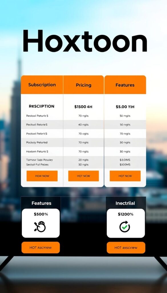 A high-quality, detailed image of the Hoxtoon Provider IPTV pricing plans, showcasing their various subscription options and associated features. The image should have a clean, professional layout with a neutral color palette, highlighting the key information in an organized and visually appealing manner. The foreground should display the Hoxtoon Provider branding, subscription tiers, and pricing details, while the background should feature a subtle, blurred cityscape or technology-inspired motif to convey the digital nature of the IPTV service. The lighting should be soft and evenly distributed, creating a sense of clarity and approachability. The overall composition should be balanced and eye-catching, making it an effective visual aid for the article's "Hoxtoon Pricing Plans and Value" section.