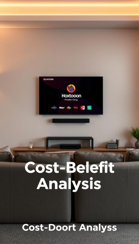 A high-quality, detailed image of the "Hoxtoon Provider" IPTV service, showcasing its premium features and value proposition. Capture the service's sleek branding and user-friendly interface against a backdrop of a modern, minimalist home entertainment setup. Emphasize the seamless streaming experience, comprehensive channel selection, and cost-effective pricing that make Hoxtoon a superior IPTV choice. Use warm, soft lighting to create a cozy, inviting atmosphere, with clean lines and muted tones to convey a sense of sophistication and reliability. Ensure the overall composition is visually striking and aligned with the article's "Cost-Benefit Analysis" section.