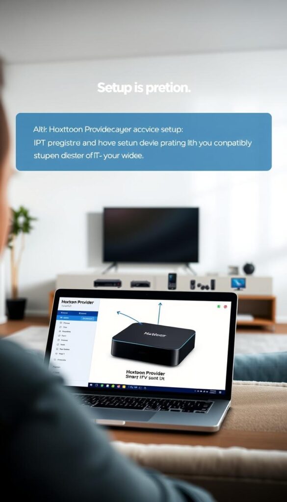 A high-quality, detailed instructional image showcasing the setup process for the Hoxtoon Provider IPTV service. In the foreground, a laptop or tablet displays the Hoxtoon Provider homepage, providing clear guidance on the initial registration and account setup steps. The middle ground features a carefully organized array of IPTV device options, such as a streaming box, smart TV, or mobile device, highlighted to demonstrate the wide compatibility of the Hoxtoon service. The background subtly depicts a modern, minimalist home entertainment setup, conveying the seamless integration of Hoxtoon IPTV into a user's living space. The lighting is soft and natural, creating a welcoming atmosphere, and the camera angle is positioned to provide a clear, comprehensive view of the setup process. The overall image effectively communicates the ease and accessibility of the Hoxtoon IPTV experience.
