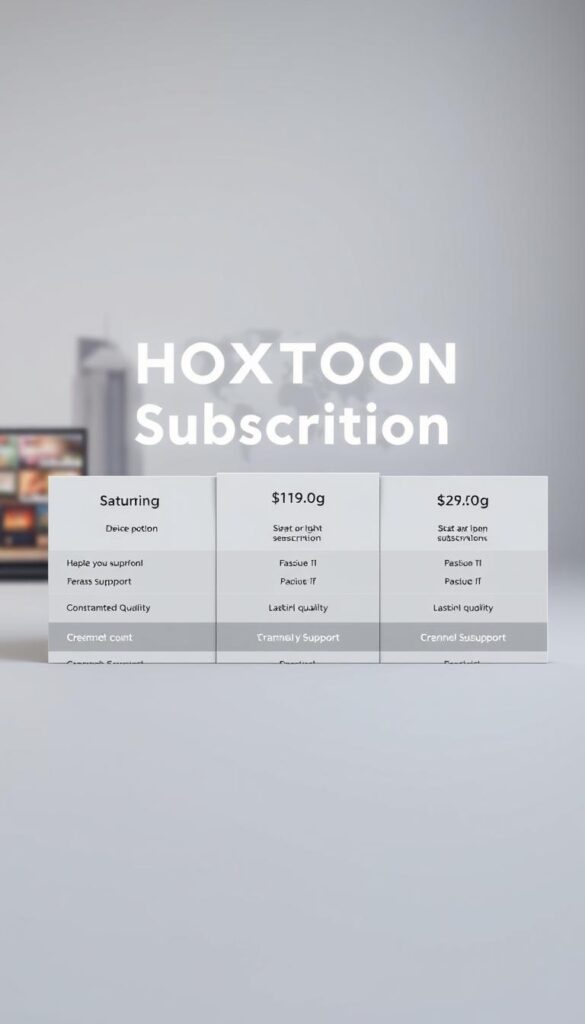 A high-quality, detailed rendering of the "HOXTOON Subscription Plans" in a modern, minimalist style. In the foreground, a sleek, well-designed table showcasing the different HOXTOON Provider subscription tiers, each with their corresponding features and pricing. The table is presented on a clean, neutral-colored background, allowing the information to be the focal point. In the middle ground, stylized icons or graphics representing the key subscription details, such as device support, channel count, and streaming quality. In the background, a subtle, blurred cityscape or landscape, suggesting the global reach and accessibility of the HOXTOON Provider service. The overall mood is professional, informative, and visually appealing, aligning with the subject matter and the article's tone.