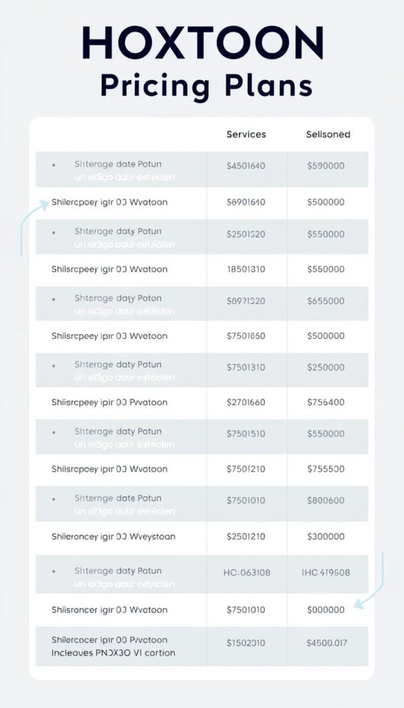 A high-quality, detailed visual representation of the "HOXTOON Pricing Plans" section for an article about the best IPTV service, HOXTOON & IPTVDIGI. The image should feature a sleek, professional-looking table or infographic showcasing the various pricing tiers and subscription options offered by the Hoxtoon Provider. The table should be rendered in a clean, minimalist style with clear typography and well-organized pricing details. The background should be a simple, neutral color that allows the pricing information to take center stage. The overall mood should convey a sense of value, reliability, and trustworthiness associated with the Hoxtoon brand.