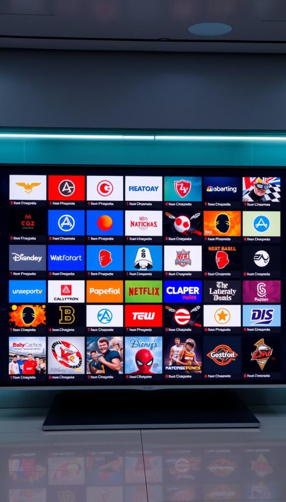 A high-quality digital display showcasing a diverse selection of premium IPTV channels from the Hoxtoon Provider, set against a sleek, modern backdrop. The channels are arranged in a grid layout, each with a clear, vivid thumbnail image and channel name, illuminated by warm, inviting lighting that creates a sense of quality and professionalism. The overall composition conveys the rise of premium IPTV services, with a focus on the breadth and reliability of the Hoxtoon Provider's offerings.