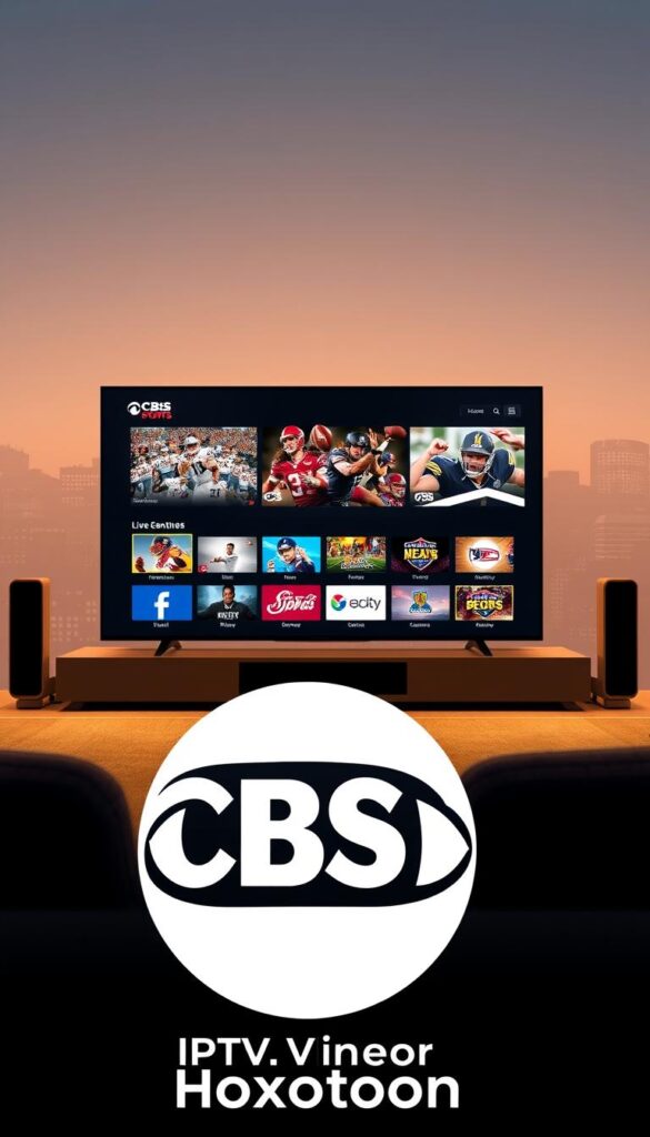 A high-quality digital illustration depicting the "CBS Sports IPTV Package" service. In the foreground, showcase the Hoxtoon Provider brand logo prominently, conveying a sense of authority and trustworthiness. In the middle ground, display a sleek, modern user interface showcasing the various CBS Sports channels and live events available through the IPTV service. The background should feature a subtle cityscape or skyline, hinting at the nationwide reach and accessibility of the IPTV package. Use a warm, inviting color palette and soft lighting to create a professional, premium aesthetic. Render the scene with a high level of detail and photorealistic quality to effectively highlight the key features of the CBS Sports IPTV offering from the Hoxtoon Provider.