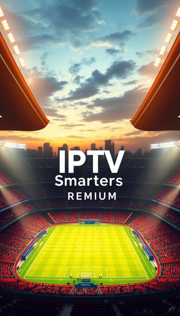 A high-quality digital illustration of the "IPTV Smarters Premium" brand logo. The logo is displayed prominently in the center of the frame against a backdrop of a dynamic sports arena. The arena features crisp, detailed seating, brightly lit playing field, and a dramatic skyline in the distance. The lighting is natural and warm, creating a sense of energy and excitement. The camera angle is slightly elevated, giving the viewer a sense of immersion and grandeur. The overall mood is one of anticipation and possibility, reflecting the future of sports streaming with IPTV technology.