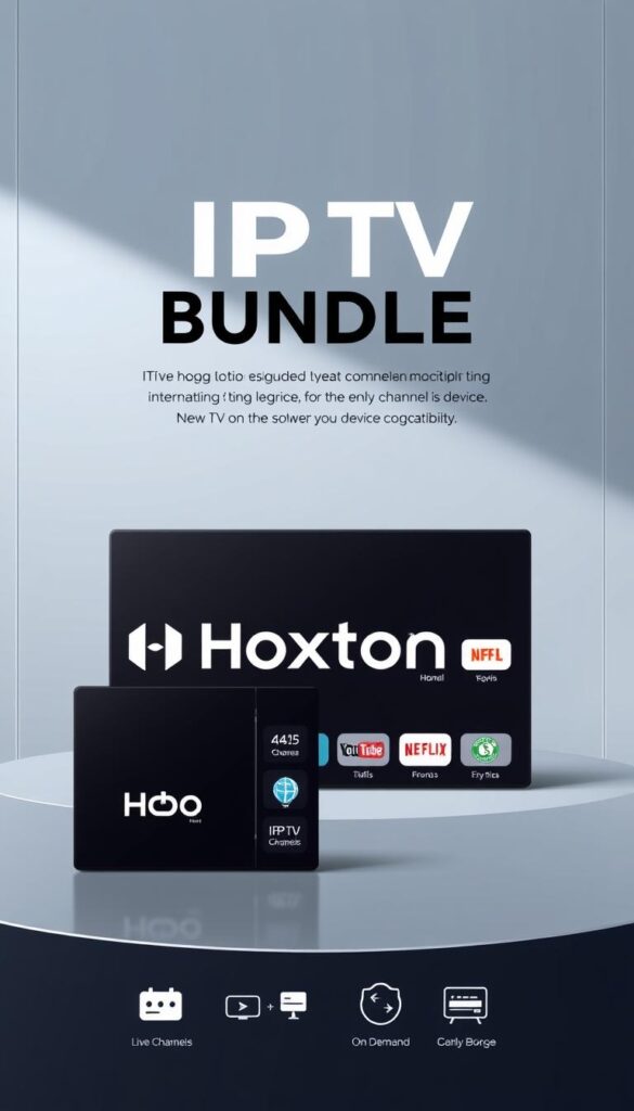 A high-quality digital illustration showcasing a meticulously designed "IPTV Bundle Package" from the reputable Hoxtoon Provider. The package is presented against a sleek, modern backdrop, with a clean and minimalist layout. The foreground features the Hoxtoon logo prominently displayed, along with a neatly organized grid of icons representing the various streaming services and channels included in the bundle. The middle ground highlights key details such as the number of live TV channels, on-demand content, and device compatibility, all presented in a visually appealing manner. The background subtly incorporates elements that evoke a sense of technology and connectivity, such as subtle geometric patterns or digital textures, creating an overall atmosphere of a premium, cutting-edge IPTV offering.