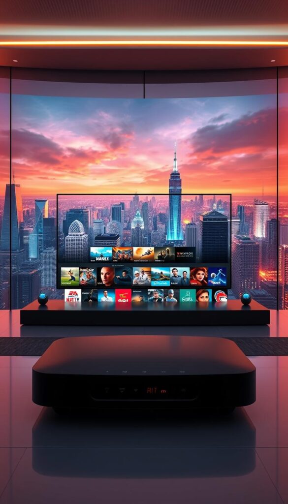 A high-quality, futuristic image depicting the "Hoxtoon Provider" IPTV streaming service. In the foreground, a sleek, modern media hub with intuitive controls and a minimalist design. In the middle ground, a large, cinematic display showcasing a diverse array of live TV channels, movies, and sports events. In the background, a cityscape of towering skyscrapers and a vibrant, neon-lit skyline, conveying a sense of urban connectivity and technological advancement. The scene is bathed in a warm, directional lighting that creates depth and dimensionality, while the camera angle suggests an elevated, bird's-eye view. The overall mood is one of reliable, high-performance IPTV streaming that seamlessly integrates with the user's digital lifestyle.