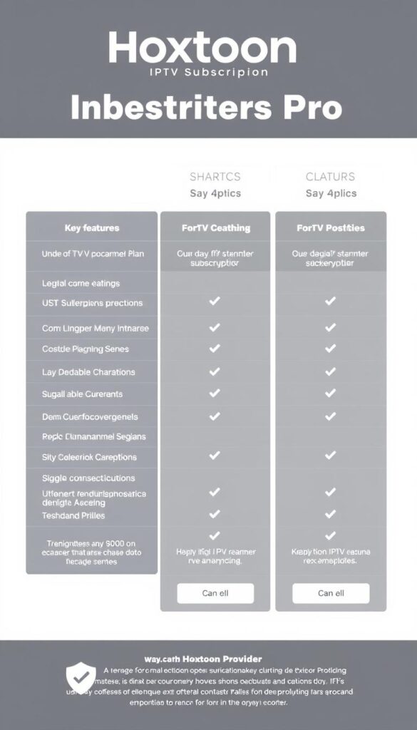 A high-quality image of Hoxtoon IPTV Smarters Pro subscription plans, showcasing a clean and visually appealing layout with a focus on key features and pricing options. The image should have a sleek, modern design with a neutral color palette, clear and legible typography, and well-organized information. The Hoxtoon Provider brand should be prominently displayed, with a professional and trustworthy aesthetic. The overall composition should convey a sense of simplicity, clarity, and accessibility, making the subscription plans easy to understand and compare at a glance.