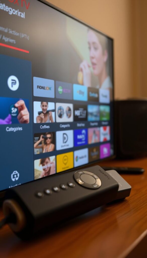 A high-quality image of a Firestick IPTV player guide, showing a close-up view of the Hoxtoon Provider user interface on a Firestick device. The screen displays various channels, categories, and options, all presented in a clean, modern, and intuitive layout. The image has a warm, inviting color palette, with subtle lighting that highlights the details of the interface. The Firestick device is positioned in the foreground, with a slightly angled perspective to showcase the on-screen content. The background is blurred, creating a sense of depth and focus on the Hoxtoon Provider UI. The overall atmosphere conveys a user-friendly and professional experience for setting up and navigating the IPTV service on a Firestick.