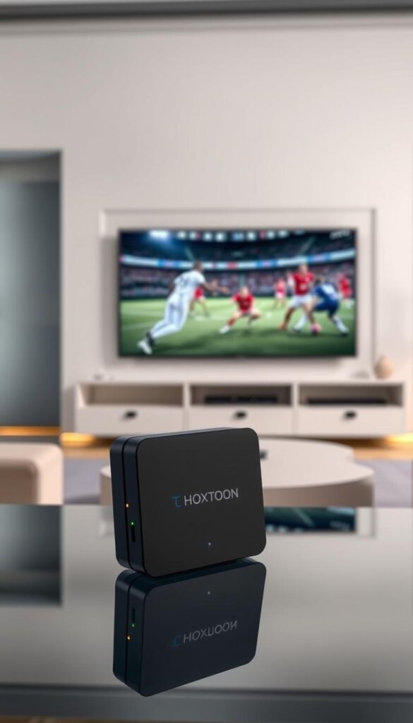 A high-quality image of a sleek and modern IPTV sports streaming setup. The foreground features the Hoxtoon Provider device, a compact and minimalist design with clean lines and a matte black finish. The device is positioned on a glass or metal surface, reflecting the ambient lighting. In the middle ground, a large, high-definition widescreen display shows a live sports event, with players in action and dynamic camera angles. The background showcases a stylish, minimalist home entertainment setup, with subtle ambient lighting and clean, contemporary furnishings. The overall scene conveys a sense of technological sophistication, seamless connectivity, and an immersive sports viewing experience.
