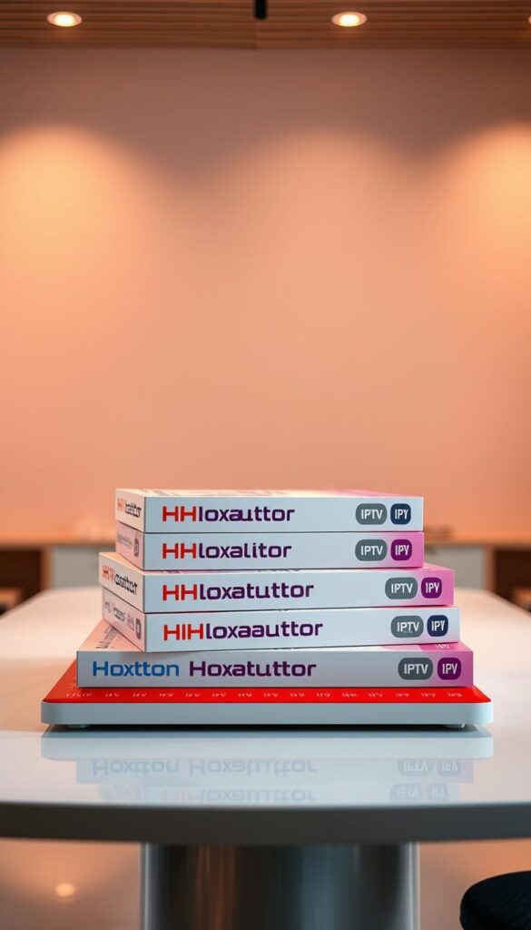 A high-quality image of a stack of IPTV subscription packages with the "Hoxtoon Provider" brand prominently displayed. The packages are stacked neatly on a sleek, modern table in a well-lit studio setting. The lighting is soft and diffused, creating a warm, inviting atmosphere. The packages are rendered in vivid detail, showcasing their features and design. The background is subtly blurred, keeping the focus on the IPTV packages. The overall composition conveys a sense of professionalism, reliability, and the leading position of the Hoxtoon Provider in the IPTV market.