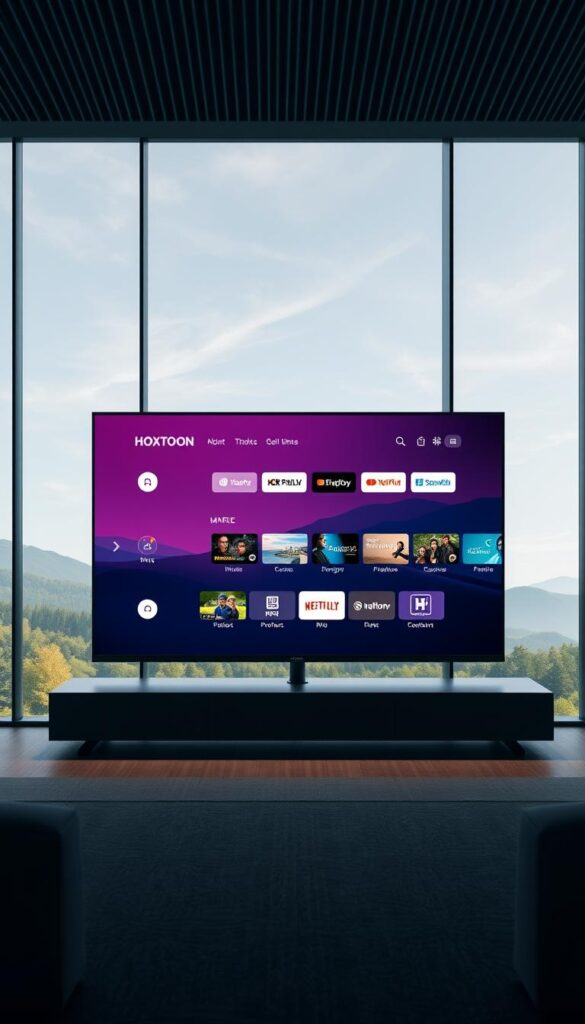 A high-quality image of the Hoxtoon IPTV streaming service, showcasing its advanced technology and exceptional performance. A sleek, modern interface with a minimalist design, featuring vibrant colors and crisp, detailed graphics. The image should convey a sense of seamless, uninterrupted streaming, with no buffering or quality loss, even during high-bandwidth activities like 4K video playback. The background should be a serene, natural scene, perhaps a peaceful landscape or a modern, architectural setting, to highlight the reliability and stability of the Hoxtoon Provider platform. The overall mood should be one of sophistication, efficiency, and cutting-edge technology. Prompt A high-quality, detailed image of the Hoxtoon IPTV streaming service, featuring a sleek, modern interface with vibrant colors and crisp graphics. The interface should convey a sense of seamless, uninterrupted streaming, even during high-bandwidth activities like 4K video playback. The background should be a serene, natural scene or a