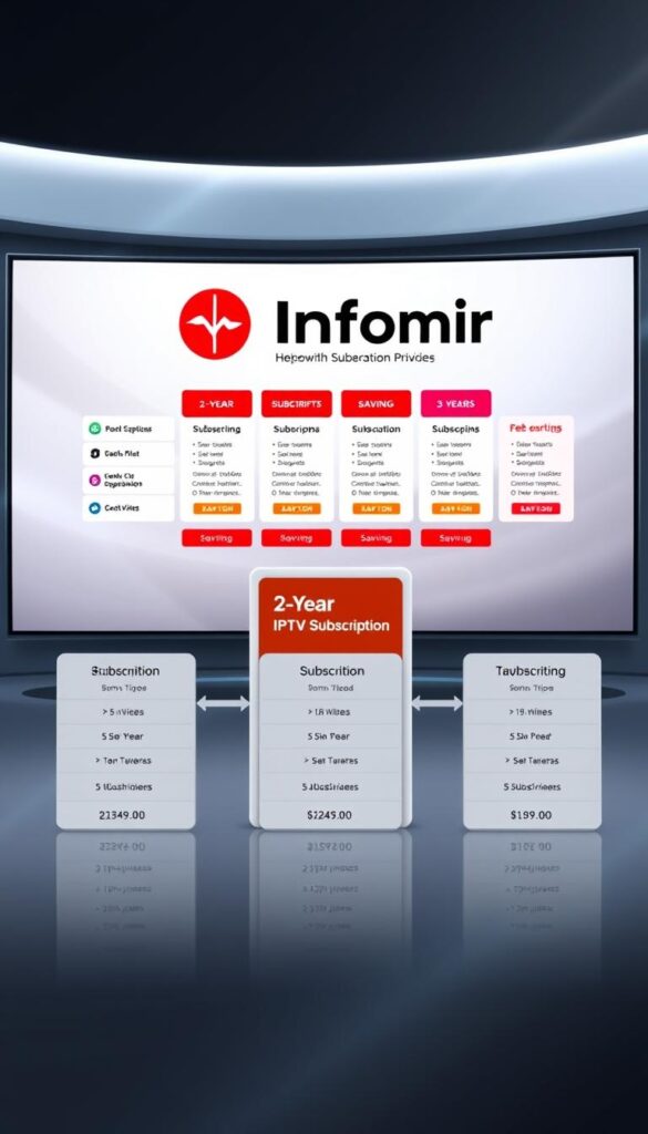 A high-quality image of the "top infomir iptv subscription options" showcasing the Hoxtoon Provider brand. The image should depict a sleek, modern-looking interface with various subscription plans and pricing details prominently displayed. The foreground should feature the Hoxtoon logo, while the middle ground showcases the different subscription tiers, including the 2-year and 3-year options, along with their corresponding benefits and savings. The background should have a clean, minimalist design with subtle gradients or patterns to create a visually appealing and professional-looking composition. The overall tone should convey a sense of value, reliability, and affordability associated with the Hoxtoon IPTV service.
