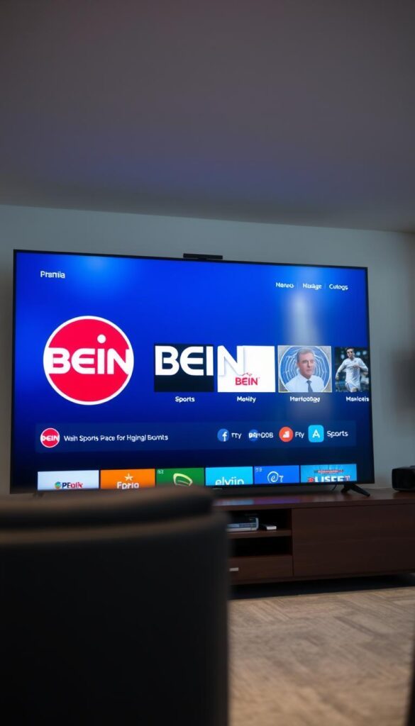A high-quality, large-scale image of the BeIN Sports channels user interface displayed prominently on the HOXTOON Provider streaming platform. The scene should be presented in a clean, modern style with a focus on vibrant colors, sharp details, and a sleek, minimalist aesthetic. The BeIN Sports logo and channel icons should be clearly visible, set against a backdrop of the HOXTOON Provider user interface, featuring clean lines, intuitive menus, and a sophisticated, user-friendly layout. The overall composition should convey a sense of premium sports entertainment delivered seamlessly through the HOXTOON Provider platform. Lighting should be natural and evenly distributed, with a subtle depth of field to draw the viewer's attention to the key elements. The angle should be slightly elevated to provide an engaging, immersive perspective.
