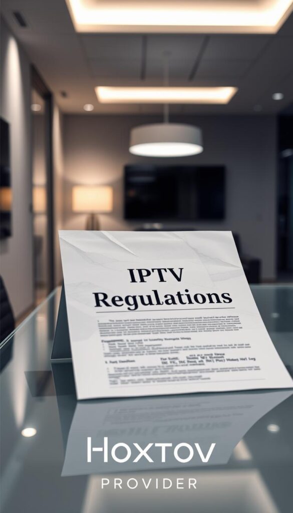 A high-quality legal document with the text "IPTV Regulations" prominently displayed, set against a backdrop of a modern, minimalist office environment. The document is positioned on a sleek, glass desk, illuminated by soft, indirect lighting that casts gentle shadows. In the foreground, the Hoxtoon Provider logo is subtly incorporated, reflecting the company's commitment to understanding and operating within the legal framework of IPTV services in the USA.