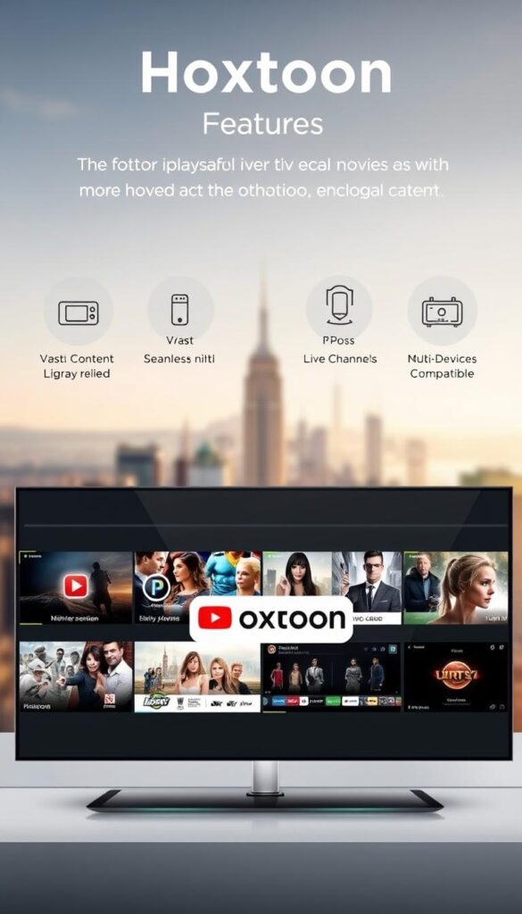 A high-quality, modern image of the "Hoxtoon Provider" IPTV service features, showcasing its advanced capabilities and user-friendly interface. The image depicts a sleek, minimalist design with clean lines and a sophisticated color palette. In the foreground, a stylized illustration of the Hoxtoon logo takes center stage, surrounded by icons and graphics that highlight the service's key features, such as a vast content library, seamless streaming, and multi-device compatibility. The middle ground features a series of neatly arranged screenshots, showcasing the intuitive user interface and the wide range of content available, from live TV channels to on-demand movies and shows. In the background, a subtle, blurred cityscape or landscape sets the scene, conveying a sense of connectivity and the global reach of the Hoxtoon IPTV service. The overall composition is balanced, visually appealing, and effectively communicates the key benefits and capabilities of the Hoxtoon Provider IPTV platform.