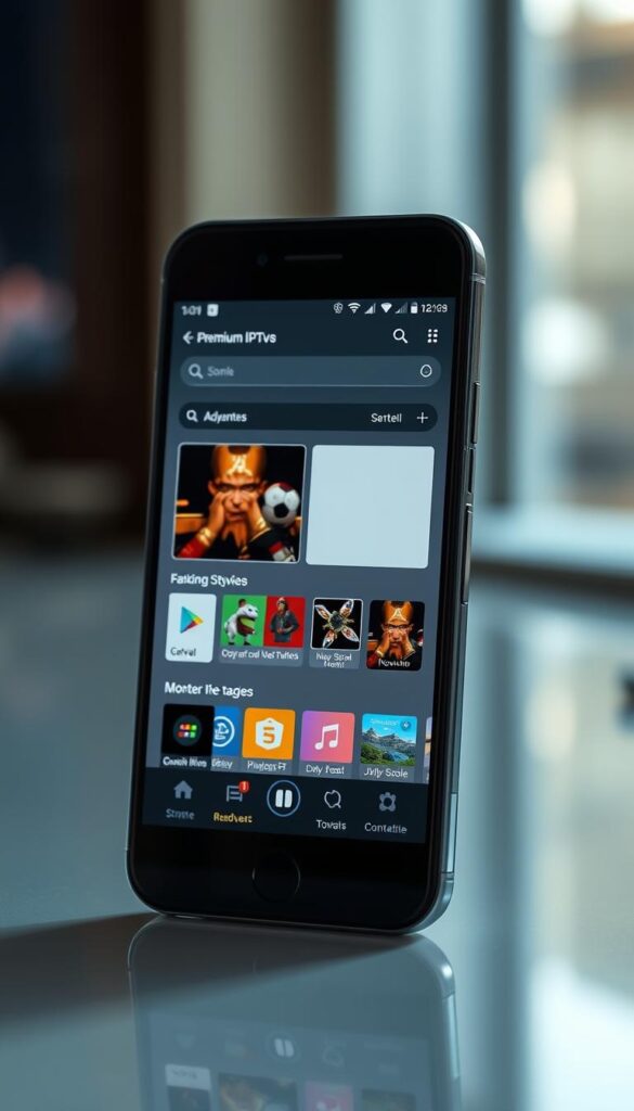 A high-quality, photorealistic image of the "Hoxtoon Provider Premium Mod APK" featuring a sleek and modern user interface on a smartphone screen in the foreground, showcasing its advanced features and capabilities. The background is blurred, creating a sense of depth and focus on the device. The lighting is soft and natural, emphasizing the clean design and vibrant colors of the application. The overall composition conveys a sense of sophistication and the promise of a premium IPTV experience.
