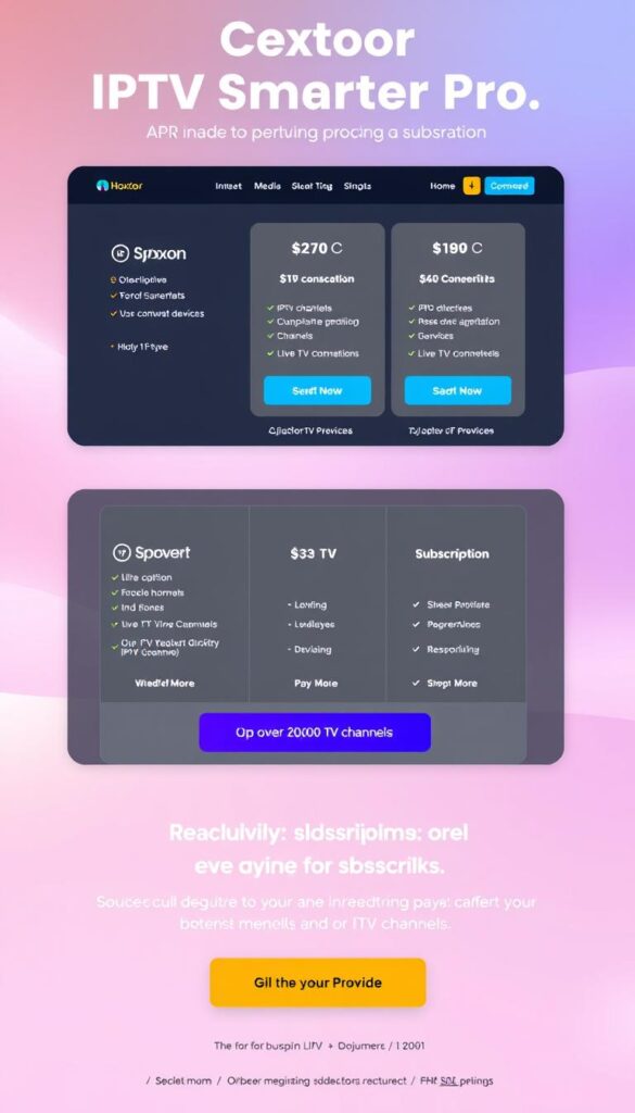 A high-quality, photorealistic image of the IPTV Smarter Pro subscription plans offered by the Hoxtoon Provider. The scene depicts a sleek, modern interface showcasing the various subscription tiers, including options for 6+ connected devices and access to over 21,000 live TV channels. The layout is clean and visually appealing, with clear pricing information and enticing call-to-action buttons. The background features a soft, gradient-based color scheme that complements the brand's aesthetic. The overall mood is one of professionalism, reliability, and a premium IPTV service experience.