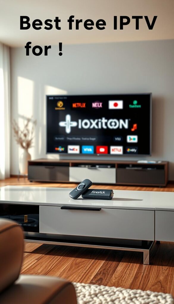 A high-quality, photorealistic image of the "best free IPTV for Firestick" featuring the Hoxtoon Provider brand. The image is set in a modern, minimalist living room with a Firestick device prominently displayed on a sleek media console. The Firestick is surrounded by various streaming service icons, depicting the breadth of content available through the best free IPTV. Warm, natural lighting floods the scene, creating a cozy and inviting atmosphere. The overall composition is balanced, with the Firestick as the focal point, surrounded by complementary elements that showcase the versatility and convenience of the Hoxtoon Provider IPTV service.