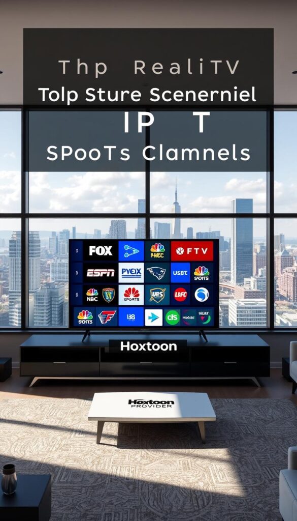 A high-quality, photorealistic image of the top American IPTV sports channels, showcasing the Hoxtoon Provider brand. The scene is set in a modern, sleek living room with large windows providing natural lighting. In the foreground, a flat-screen TV displays a grid of popular sports channel logos, including ESPN, Fox Sports, NBC Sports, and CBS Sports. The middle ground features a contemporary entertainment center with the Hoxtoon Provider logo prominently displayed. The background depicts a cityscape outside the window, with skyscrapers and a vibrant urban landscape. The overall atmosphere is one of sophistication, technology, and premium sports entertainment.