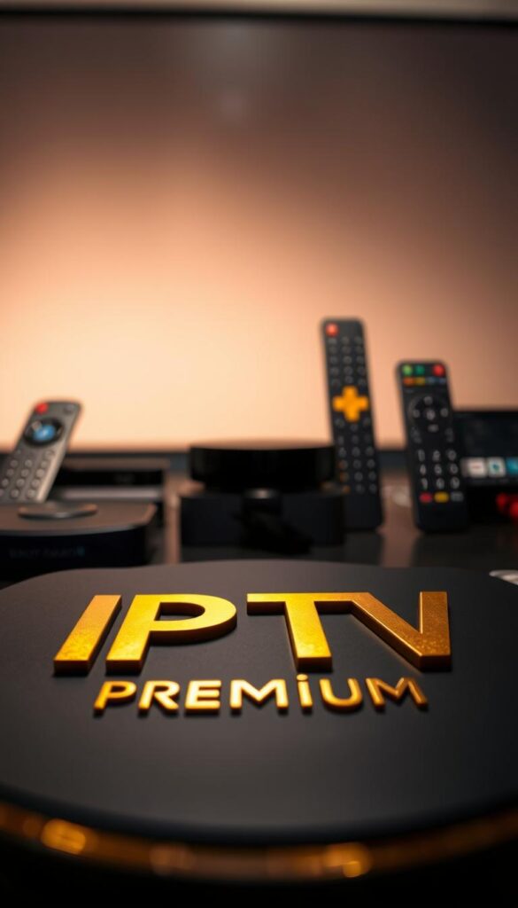 A high-quality, premium IPTV service with a sleek, modern interface. In the foreground, a sharp, detailed close-up of the IPTV Gold Premium logo, rendered in metallic gold tones that glimmer under the light. In the middle ground, a collection of streaming devices and remote controls, subtly showcasing the compatibility and versatility of the service. The background is a soft, out-of-focus gradient, creating a sense of depth and emphasizing the premium nature of the offering. The overall mood is one of sophistication, exclusivity, and cutting-edge technology, reflecting the "Hoxtoon Provider" brand.