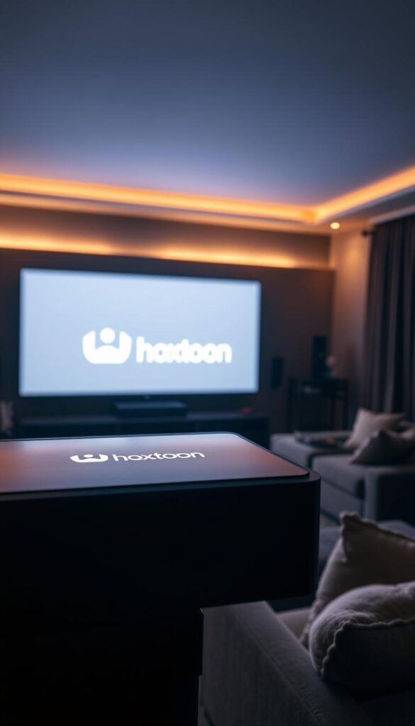 A high-quality, premium IPTV subscription service in the USA, with the Hoxtoon Provider logo prominently displayed on a sleek, modern device. The scene is set in a cozy, dimly-lit home theater, with a soft glow emanating from the screen. The room is filled with plush, comfortable furniture, creating an inviting atmosphere for enjoying a wide range of live TV channels and on-demand content. The overall mood is one of relaxation and entertainment, reflecting the convenience and reliability of the Hoxtoon IPTV service.