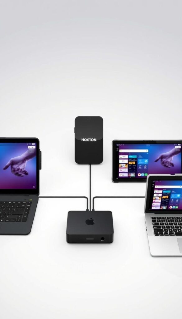 A high-quality, professional-looking image of "Multi-Device Compatibility with Hoxtoon Provider". The image shows a variety of modern devices, including a smartphone, tablet, laptop, and smart TV, seamlessly connected and displaying the Hoxtoon Provider interface. The devices are arranged in an aesthetically pleasing, symmetrical composition, with a clean and minimalist background that emphasizes the technology. The lighting is soft and even, creating a sense of clarity and sophistication. The overall mood is one of versatility, efficiency, and technological advancement, perfectly capturing the essence of the "Multi-Device Compatibility with Hoxtoon Provider" section.