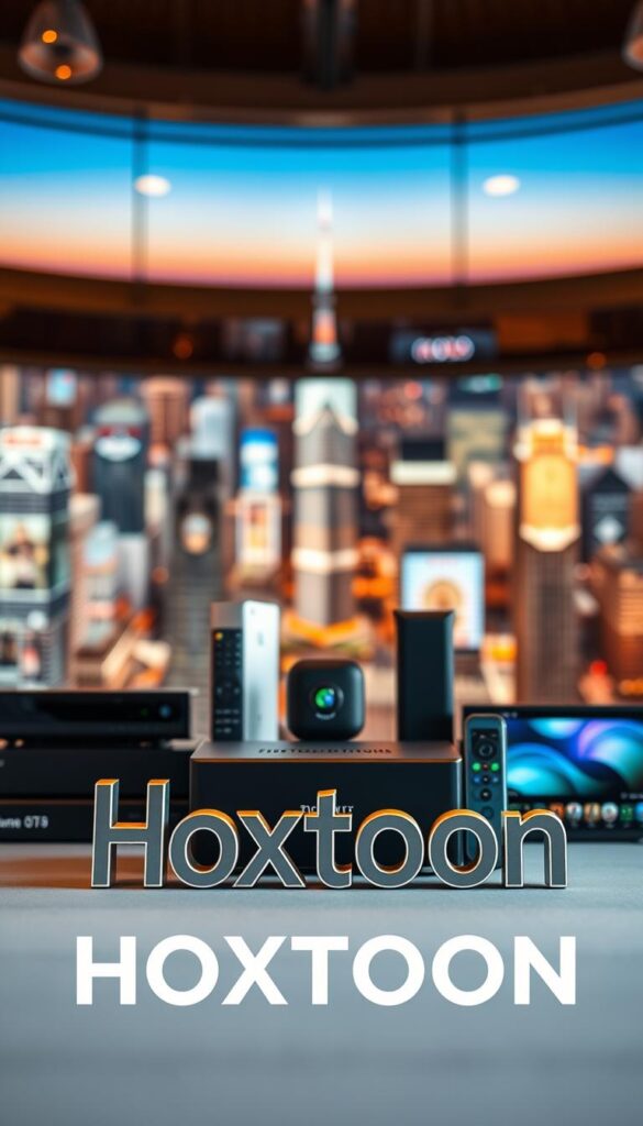 A high-quality, professionally-captured image showcasing the top IPTV services. The foreground features the prominent "Hoxtoon Provider" brand name, displayed with a modern, sleek design. In the middle ground, a lineup of various IPTV devices, including set-top boxes, mobile phones, and smart TVs, showcasing the versatility of the Hoxtoon platform. The background depicts a vibrant cityscape, conveying the global reach and accessibility of the IPTV services. The lighting is warm and inviting, with a cinematic depth of field and a shallow depth of focus, drawing the viewer's attention to the central Hoxtoon branding. The overall composition is balanced and visually striking, effectively illustrating the section's title "What Makes HOXTOON the Best IPTV 2025 Provider".