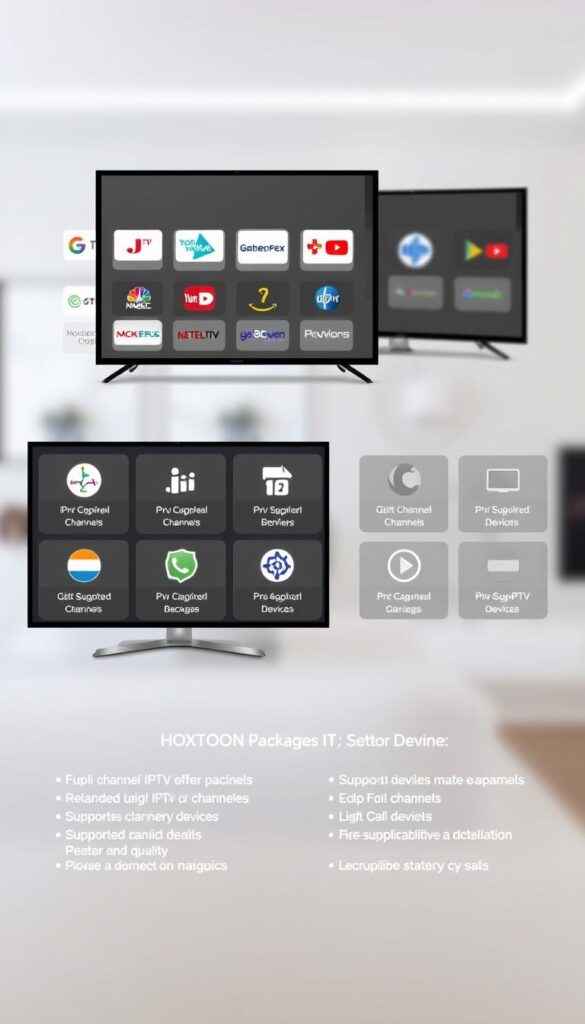A high-quality, professionally-designed image showcasing various IPTV channel packages offered by the Hoxtoon Provider. The image has a clean, modern layout with a prominent display of different channel categories and package options. The foreground features a sleek, minimalist arrangement of IPTV icons, logos, and package names, presented in a grid-like structure. The middle ground includes detailed information about the key features and benefits of the Hoxtoon IPTV service, such as the number of channels, supported devices, and streaming quality. The background has a subtle, blurred gradient that creates a sense of depth and emphasizes the digital, technology-driven nature of the IPTV service. The overall composition is well-balanced, with a professional, high-end aesthetic that effectively communicates the premium quality and comprehensive nature of the Hoxtoon IPTV channel packages.