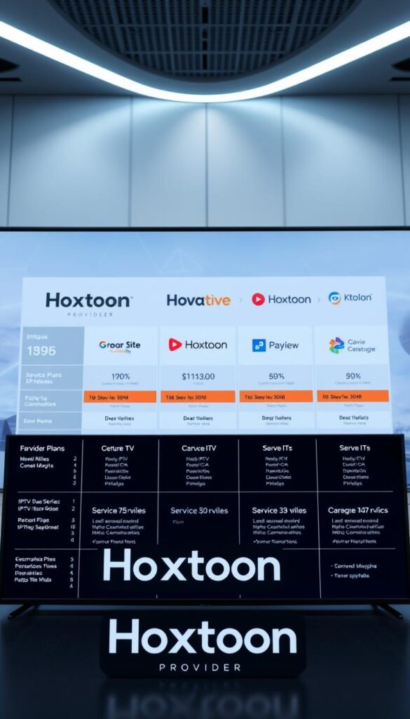 A high-quality, professionally rendered image of a side-by-side comparison of leading IPTV service providers, showcasing their features, pricing, and performance. The foreground displays the "Hoxtoon Provider" brand prominently, with detailed statistics and metrics displayed in a clear, infographic-style layout. The middle ground features additional IPTV provider logos, service plans, and customer ratings, allowing for a comprehensive side-by-side evaluation. The background depicts a sleek, modern technology-inspired environment, with subtle design elements that complement the overall aesthetic. The lighting is crisp and evenly distributed, creating a sense of clarity and professionalism. The camera angle is slightly elevated, providing an authoritative and informative perspective on the subject matter.