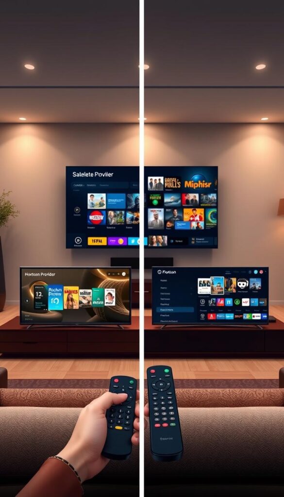 A high-quality, realistic illustration depicting a side-by-side comparison of traditional cable/satellite TV services and the Hoxtoon IPTV provider. The foreground showcases two contemporary TV sets, one displaying a traditional cable/satellite interface, the other showcasing the Hoxtoon Provider user interface with its robust content library and intuitive controls. The middle ground features various remote controls, highlighting the differences in user experience. The background depicts a modern living room setting with tasteful decor, subtle lighting, and a sense of sophistication. The overall mood is one of a thoughtful, informative comparison that conveys the benefits of the Hoxtoon IPTV solution over traditional options.