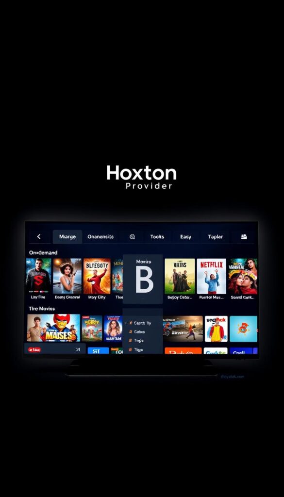 A high-quality, realistic image of a premium IPTV streaming service interface. The foreground shows a sleek, modern TV screen displaying a diverse selection of live TV channels, on-demand movies, and other media content. The middle ground features a central user interface with intuitive navigation menus, search options, and personalized recommendations. The background showcases a minimalist, dark-themed design with subtle lighting effects, creating an immersive and cinematic atmosphere. The Hoxtoon Provider logo is prominently displayed, indicating a premium IPTV service. The overall scene conveys a sense of endless entertainment and seamless digital access to a wide range of media.