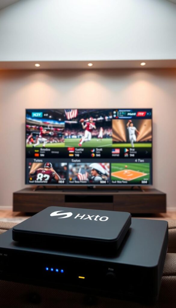 A high-quality, realistic image of an "American Sports Channel IPTV" with a professional, sleek design. The foreground features the Hoxtoon Provider logo prominently displayed, conveying the brand association. The middle ground showcases a live feed of various American sports events, including football, basketball, and baseball, with dynamic graphics and scoreboard overlays. The background has a neutral, minimalist design with a warm, cinematic lighting setup, creating a premium, cinematic atmosphere. The overall composition and attention to detail effectively communicate the essence of an American sports channel IPTV service.