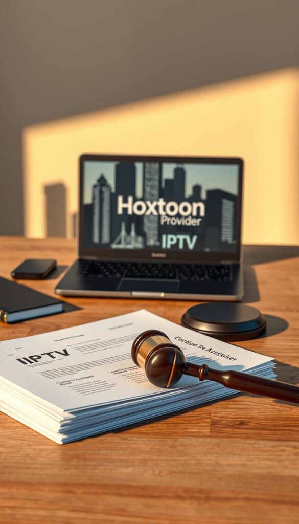 A high-quality, realistic image of "legal considerations for IPTV services in the United States", depicted as a 3D-rendered diorama on a wooden table. In the foreground, a stack of legal documents and a gavel, subtly implying the legal implications of IPTV. In the middle ground, a laptop displaying the Hoxtoon Provider logo, representing the IPTV service. The background features a cityscape silhouette, hinting at the national scope of the legal framework. Soft, natural lighting casts warm shadows, creating a contemplative mood. The scene conveys the seriousness and complexity of the legal landscape surrounding IPTV services in the US.
