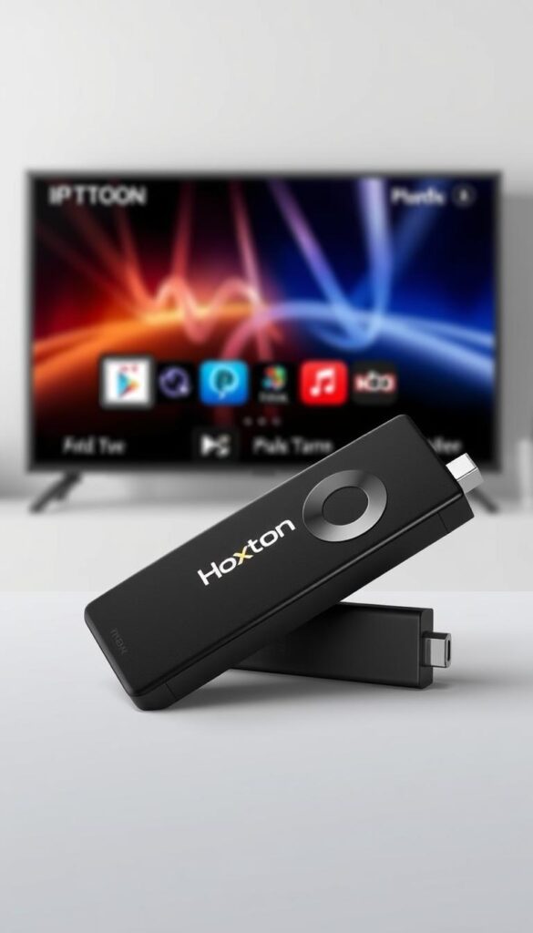 A high-quality, realistic image of the Hoxtoon Provider IPTV player for Firestick, featuring a sleek and modern design with a prominent Hoxtoon logo. The device is displayed in a well-lit environment, showcasing its features and capabilities. The image should convey a sense of sophistication and professionalism, making it an appealing choice for the Firestick platform. The background should be clean and uncluttered, allowing the Hoxtoon device to be the central focus of the image.