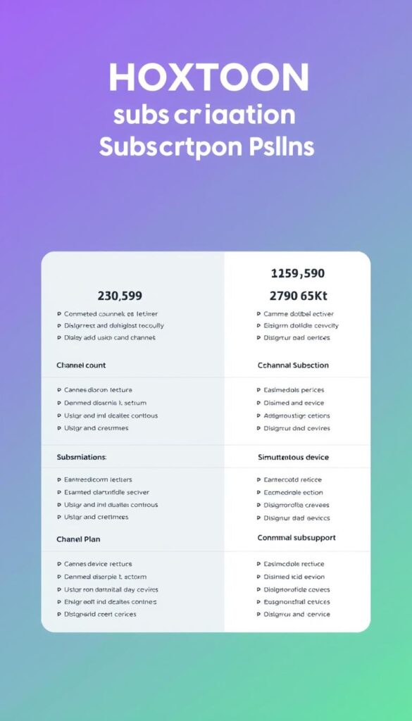 A high-quality rendering of the "HOXTOON Subscription Plans" depicting the Hoxtoon Provider's various subscription tiers against a clean, minimalist background. The plans are showcased in a grid layout, each with a clear and concise description of the included features, such as channel count, simultaneous device support, and pricing. The overall aesthetic is professional, modern, and visually appealing, reflecting the premium quality of the Hoxtoon Provider service. The image conveys a sense of clarity, organization, and the provider's commitment to offering a range of options to meet the diverse needs of its customers.