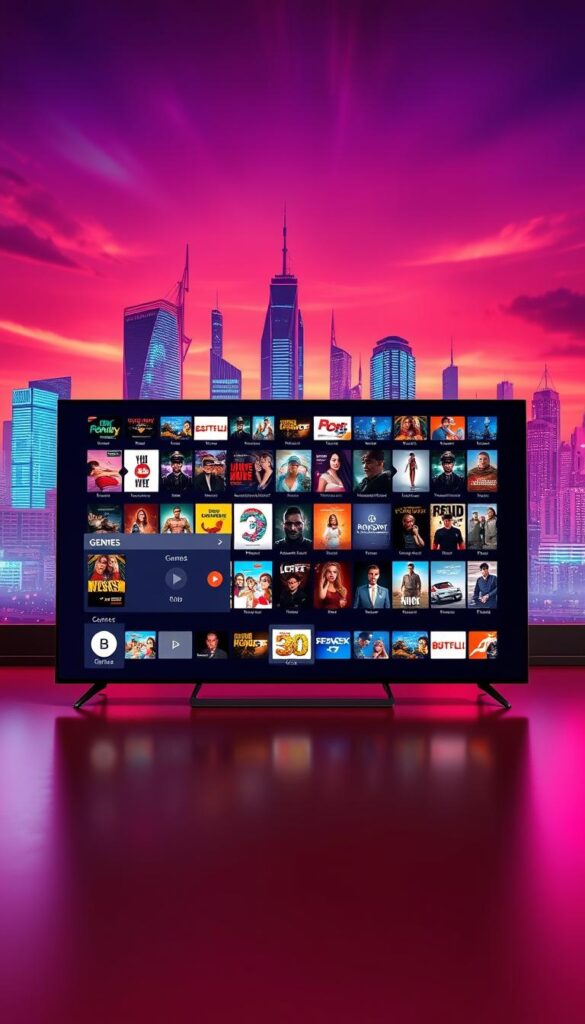 A high-quality, richly detailed 3D rendering of the Hoxtoon Provider IPTV VOD Collection, showcasing a vast, expansive library of on-demand entertainment content. In the foreground, a large, sleek, and modern media player interface dominates the scene, with a clean, intuitive layout and a diverse selection of genre icons, signifying the breadth of the VOD library. In the middle ground, rows of movie posters, TV show thumbnails, and other content artwork are displayed, conveying the sheer scale and variety of the collection. The background features a stylized, futuristic cityscape with towering skyscrapers and a vibrant, neon-infused skyline, creating a sense of technological innovation and urban sophistication. The lighting is warm and inviting, with subtle reflections and depth-of-field effects to draw the viewer's eye through the composition. The overall mood is one of excitement, discovery, and the promise of endless entertainment possibilities.