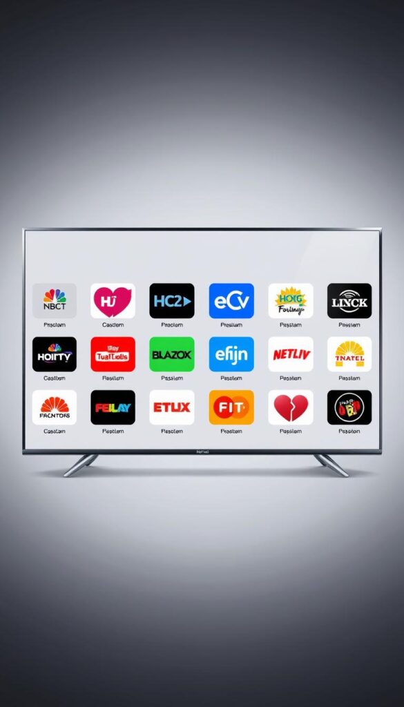 A high-quality, sharply focused digital illustration of the channel lineup for the Hoxtoon Provider IPTV service. The image depicts a sleek, minimalist user interface with a grid of channel logos neatly arranged across the frame. The logos are rendered in vibrant, eye-catching colors that convey the diverse range of entertainment options available. The background is a clean, neutral gradient that allows the channel icons to stand out prominently. Subtle lighting effects and depth of field create a sense of depth and professionalism. The overall aesthetic is modern, sophisticated, and visually compelling, reflecting the premium quality of the Hoxtoon Provider IPTV service.