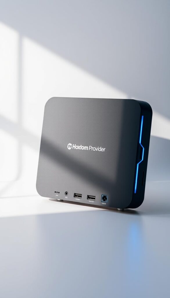 A high-quality, sleek and modern IPTV box with the Hoxtoon Provider logo prominently displayed on the front panel. The box is set against a minimalist white background, casting subtle shadows that give it depth and dimensionality. The device features clean lines, a premium matte finish, and a discreet array of ports and connectors on the rear. Subtle blue LED accent lights on the sides emit a soft glow, creating a sense of sophistication. The image is captured from a slightly elevated angle, emphasizing the box's elegant design and making it the focal point of the composition.