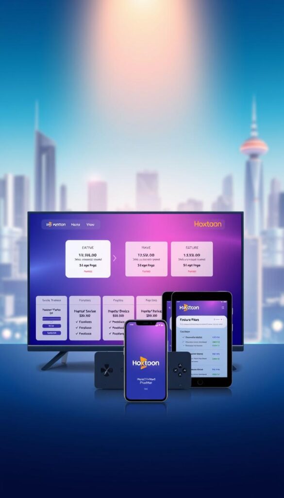 A high-quality, sleek and modern illustration showcasing the Hoxtoon Provider IPTV subscription services. In the foreground, a stack of digital devices including a smart TV, smartphone, and tablet, all displaying the Hoxtoon brand and various subscription plan options. The middle ground features a clean, minimalist interface with clearly labeled pricing tiers and feature lists. The background has a soft, blurred cityscape with skyscrapers and a vibrant, futuristic color palette of blues, purples, and grays, evoking a sense of technology and innovation. The overall scene is lit by a warm, directional light source, creating depth and highlighting the key elements. The image conveys a professional, trustworthy, and premium IPTV service offered by Hoxtoon Provider.