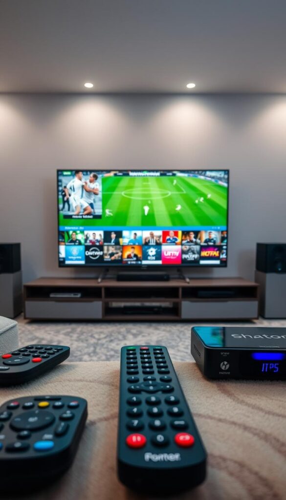 A high-quality sports IPTV package with the Hoxtoon Provider, showcasing an array of vibrant channels against a backdrop of a sleek, modern entertainment setup. The foreground features various remote controls, streaming devices, and a state-of-the-art smart TV displaying a diverse selection of live sports events. The middle ground depicts a well-organized, cable-free entertainment center, with seamless integration of the Hoxtoon Provider's reliable IPTV services. The background sets the scene with a minimalist, yet stylish home theater environment, complete with ambient lighting and high-end audio equipment, creating an immersive viewing experience for sports enthusiasts.